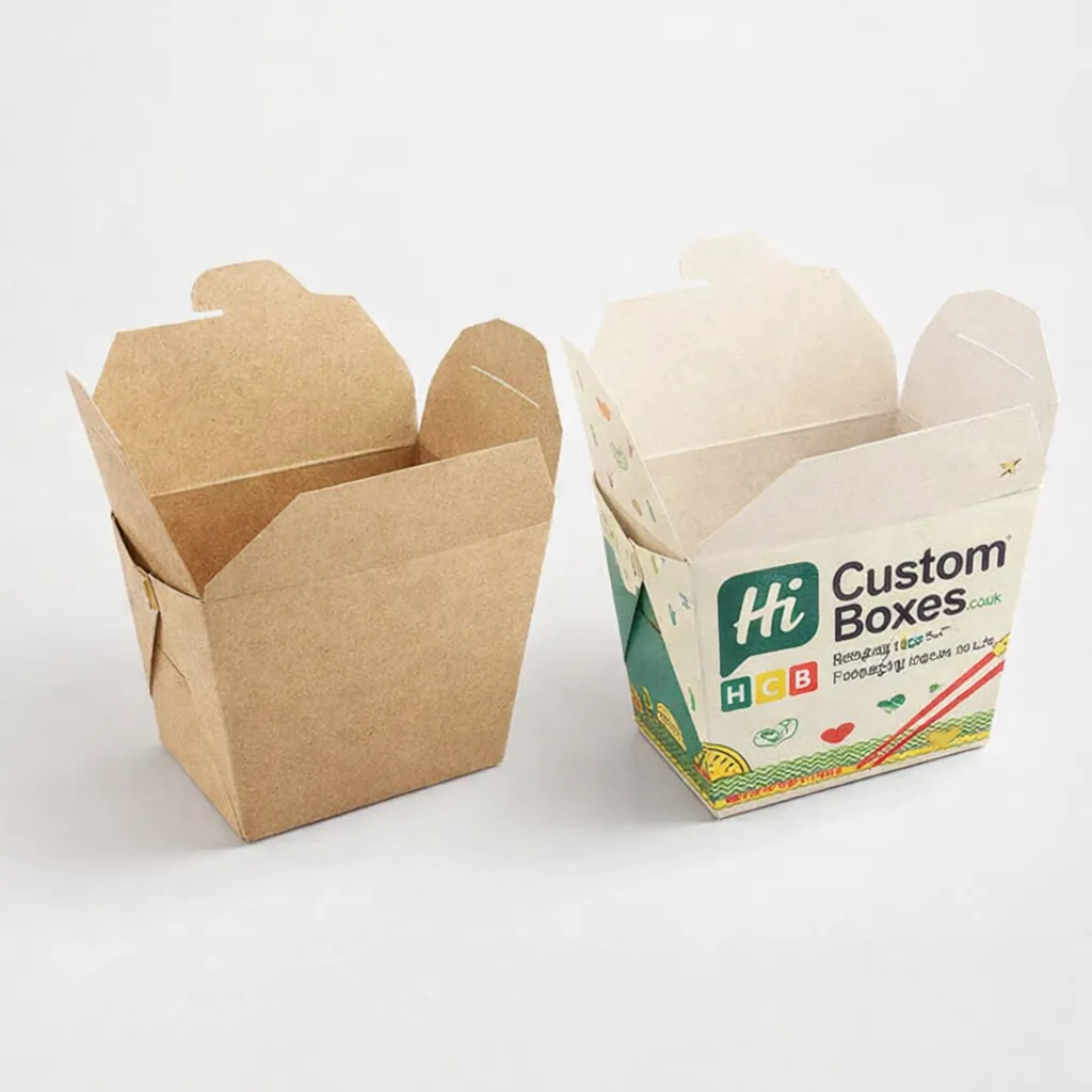 Two open cardboard mailer boxes, one plain brown and one featuring vibrant red taco branding. class=